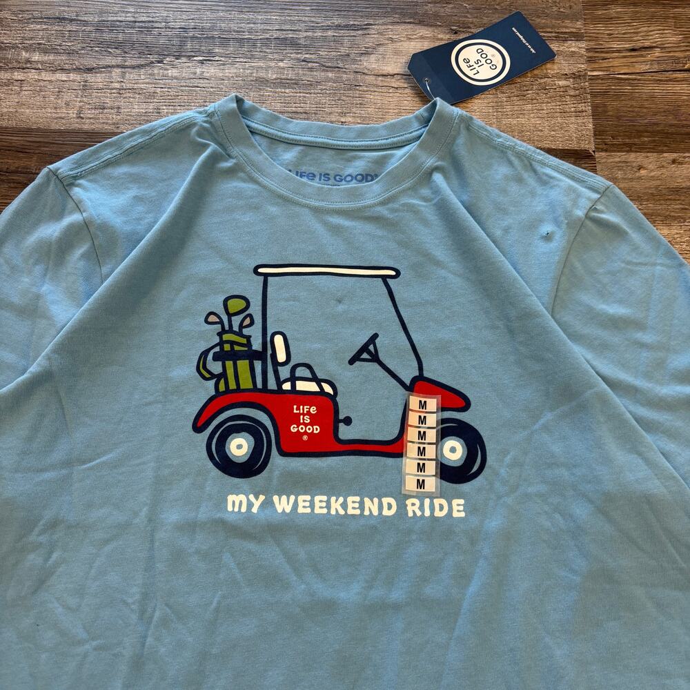 NWT Life is Good Baby Blue Mens M Funny Weekend Ride Golf Cart Crusher T-shirt‎